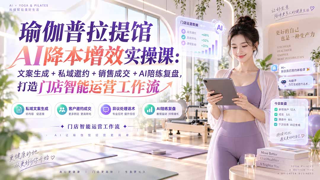 瑜伽普拉提馆AI降本增效实操课：文案生成+私域邀约+销售成交+AI陪练复盘，打造门店智能运营工作流-御文网