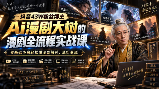 抖音43W粉丝博主Ai漫剧大树的漫剧制作全流程实战课，零基础小白轻松做漫剧短片，涨粉变现-御文网