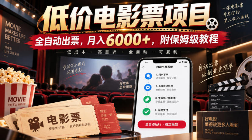 低价电影票项目，全自动出票，月入6000+，附保姆级教程【揭秘】-御文网