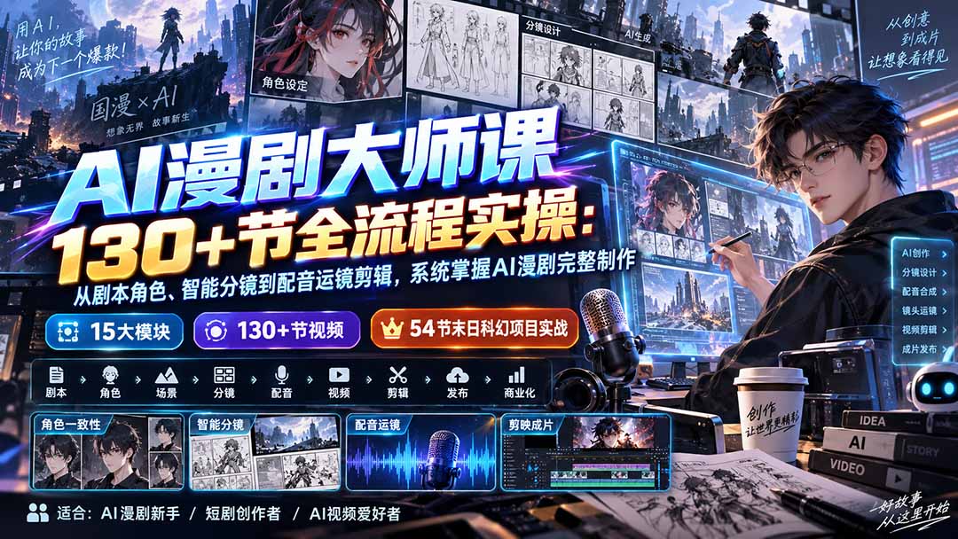 AI漫剧大师课130+节全流程实操:从剧本角色、智能分镜到配音运镜剪辑,系统掌握AI漫剧完整制作-御文网