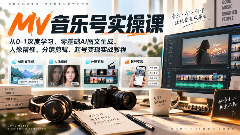 AI MV音乐号实操课，从0-1深度学习，零基础AI图文生成、人像精修、分镜剪辑、起号变现实战教程-御文网
