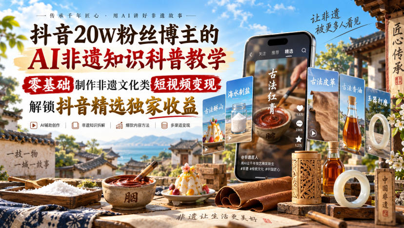 抖音20W粉丝博主的AI非遗知识科普教学，零基础制作非遗文化类短视频变现，解锁抖音精选独家收益-御文网