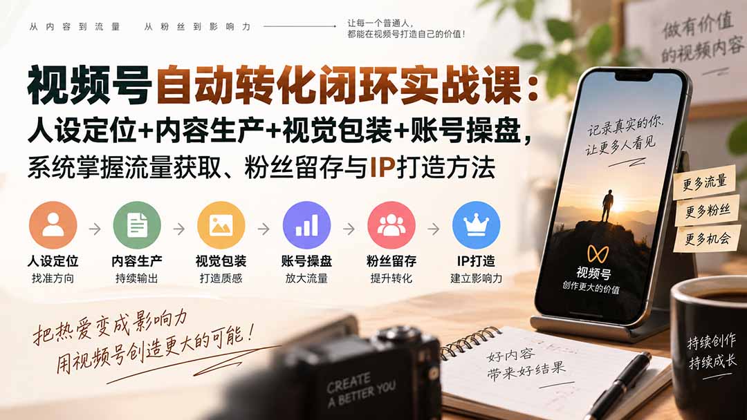 视频号自动转化闭环实战课:人设定位+内容生产+视觉包装+账号操盘,系统掌握流量获取、粉丝留存与IP打造方法-御文网