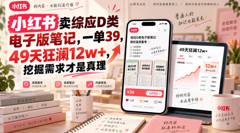 小红书卖综应D类电子版笔记，一单39，49天狂澜12w+，挖掘需求才是真理-御文网