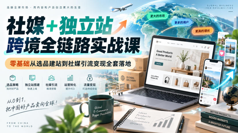 社媒+独立站跨境全链路实战课|零基础从选品建站到社媒引流变现全套落地-御文网