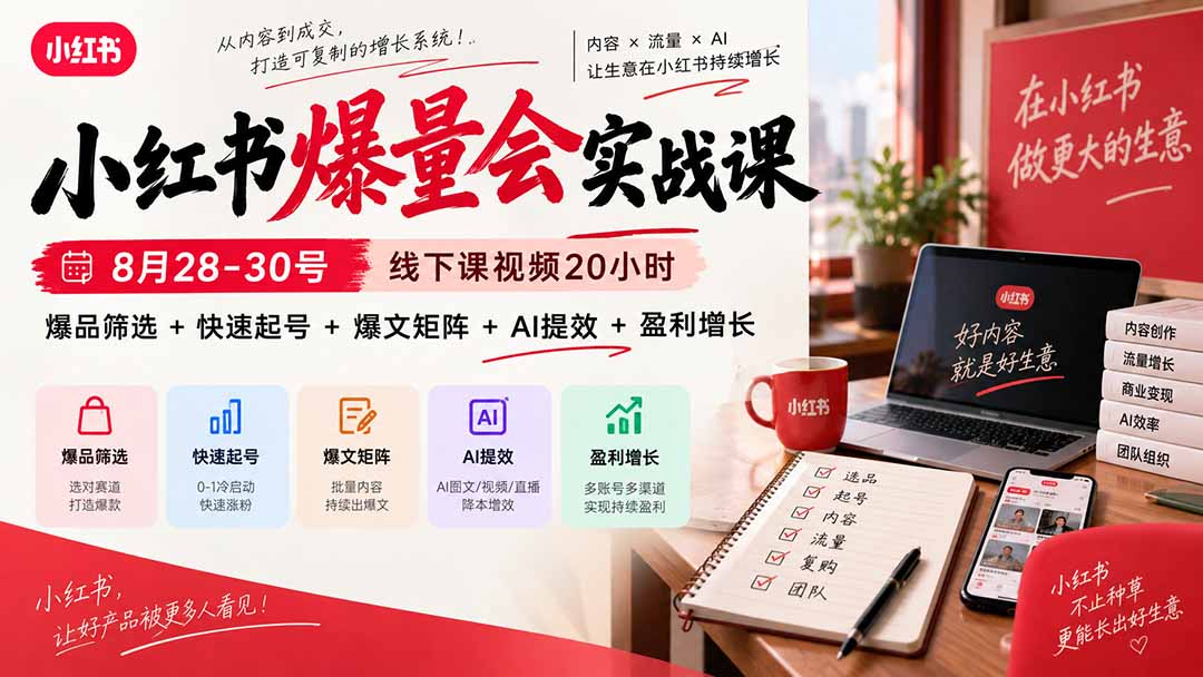 小红书爆量会实战课:8月28-30号线下课视频20小时,爆品筛选+快速起号+爆文矩阵+AI提效+盈利增长-御文网