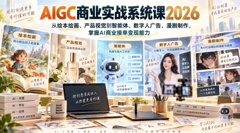 AIGC商业实战系统课2026，从绘本绘画、产品视觉到智能体、数字人广告、漫剧制作，掌握AI商业接单变现能力-御文网