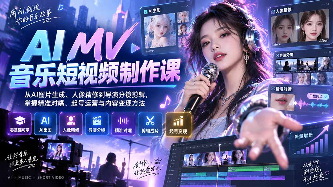 AI MV音乐短视频制作课：从AI图片生成、人像精修到导演分镜剪辑，掌握精准对嘴、起号运营与内容变现方法-御文网