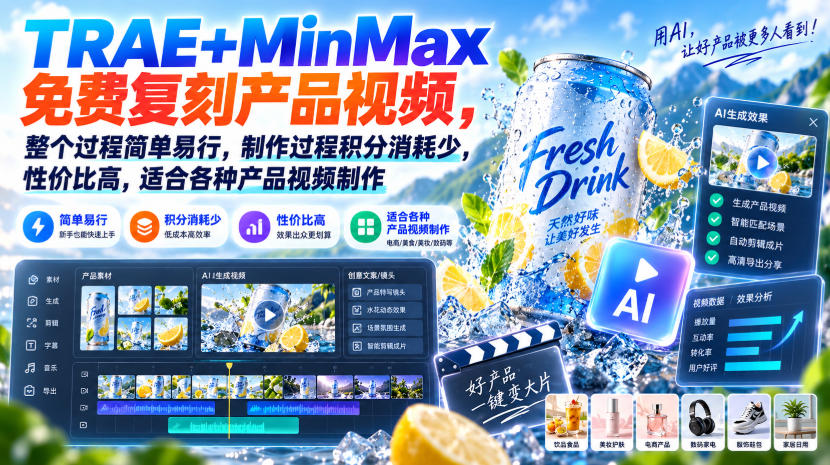 TRAE+MinMax免费复刻产品视频,整个过程简单易行,制作过程积分消耗少,性价比高,适合各种产品视频制作-御文网