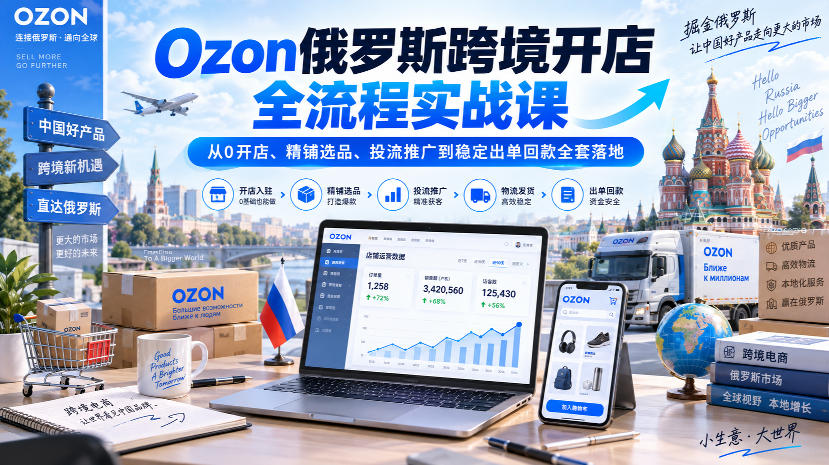 Ozon俄罗斯跨境开店全流程实战课｜从0开店、精铺选品、投流推广到稳定出单回款全套落地-御文网