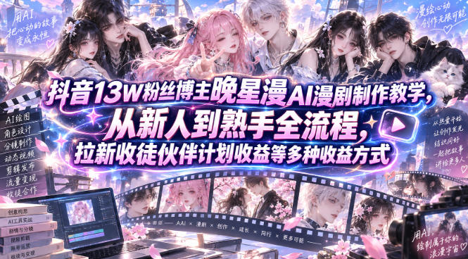 抖音13W粉丝博主晚星漫AI漫剧制作教学，从新人到熟手全流程，拉新收徒伙伴计划收益等多种收益方式，单日1K+-御文网