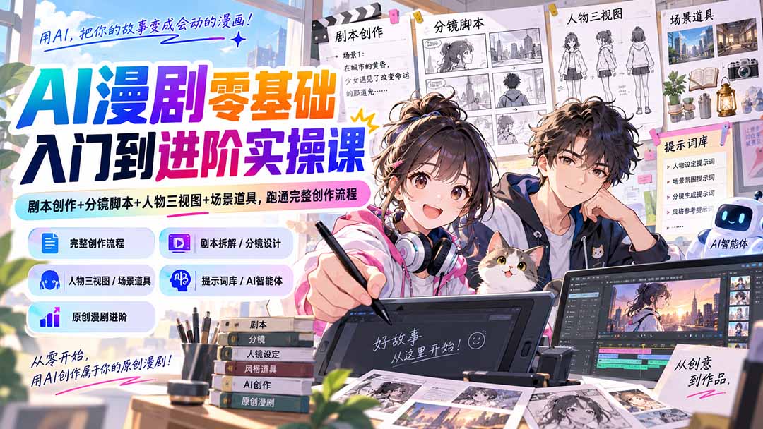 AI漫剧零基础入门到进阶实操课：剧本创作+分镜脚本+人物三视图+场景道具，跑通完整创作流程-御文网