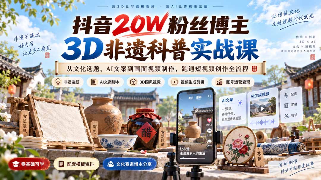 抖音20W粉丝博主3D非遗科普实战课:从文化选题、AI文案到画面视频制作,跑通短视频创作全流程-御文网