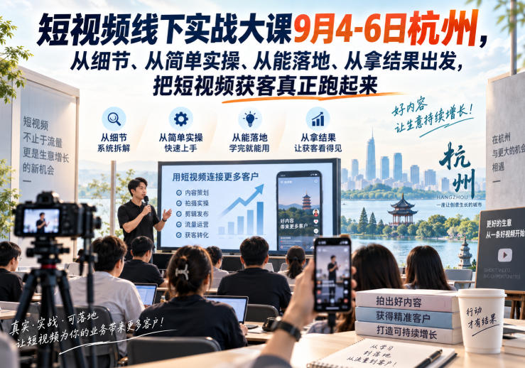 短视频线下实战大课9月4-6日杭州，从细节、从简单实操、从能落地、从拿结果出发，把短视频获客真正跑起来-御文网