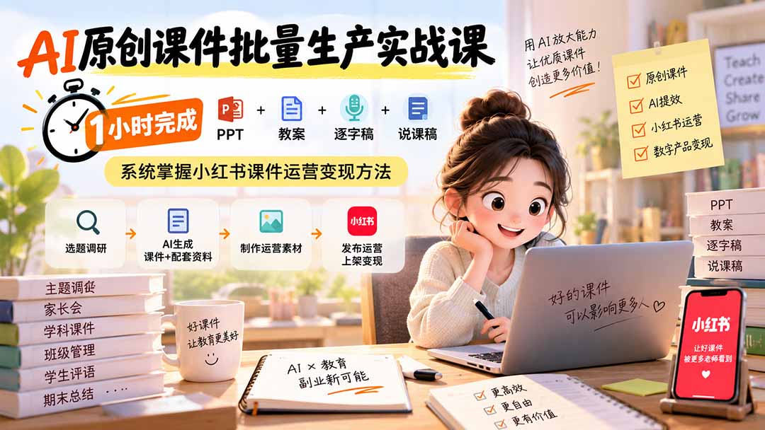 AI原创课件批量生产实战课：1小时完成PPT+教案+逐字稿+说课稿，系统掌握小红书课件运营变现方法-御文网