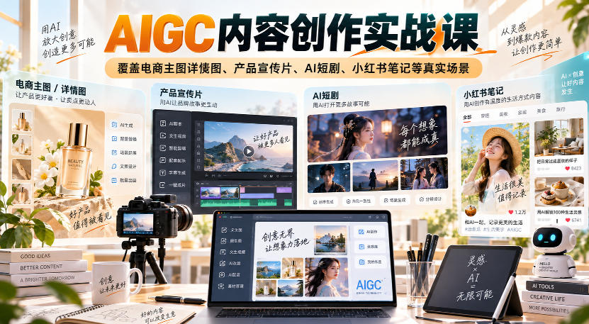 AIGC内容创作实战课，覆盖电商主图详情图、产品宣传片、AI短剧、小红书笔记等真实场景-御文网