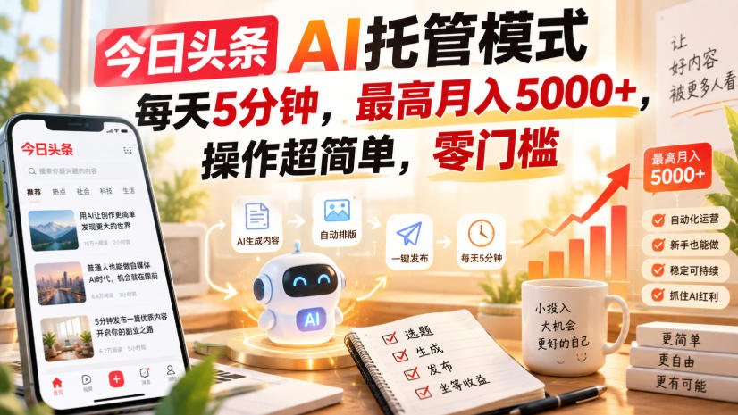 今日头条AI托管模式,每天5分钟,最高月入5000+,操作超简单,零门槛【揭秘】-御文网