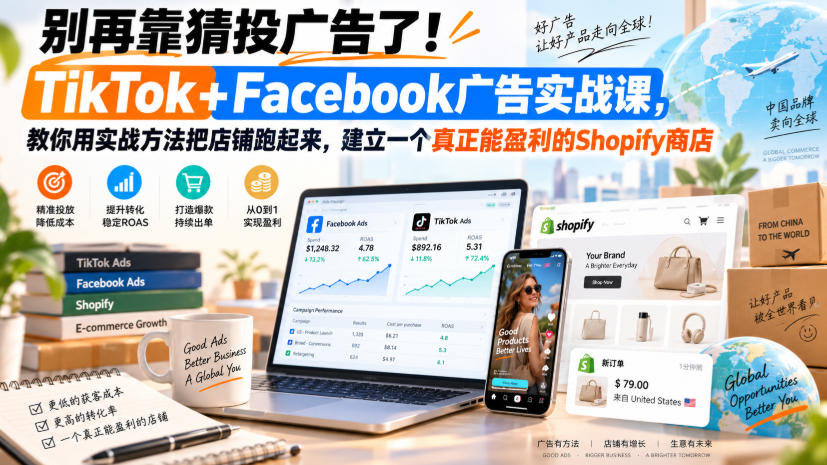 别再靠猜投广告了！TikTok+Facebook广告实战课，教你用实战方法把店铺跑起来，建立一个真正能盈利的Shopify商店【原创双语字幕】-御文网
