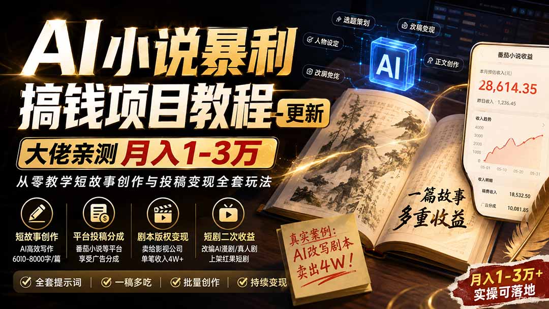 AI小说短故事暴利搞钱项目教程-更新,大佬亲测月入1-3万,从零教学短故事创作与投稿变现全套玩法-御文网