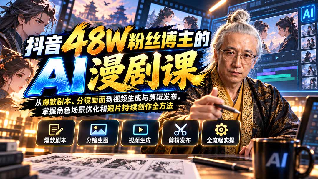 抖音48W粉丝博主的AI漫剧课：从爆款剧本、分镜画面到视频生成与剪辑发布，掌握角色场景优化和短片持续创作全方法-御文网