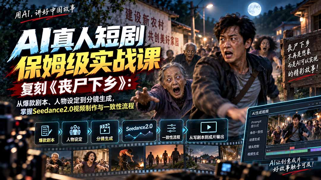 AI真人短剧保姆级实战课，复刻《丧尸下乡》：从爆款剧本、人物设定到分镜生成，掌握Seedance2.0视频制作与一致性流程-御文网