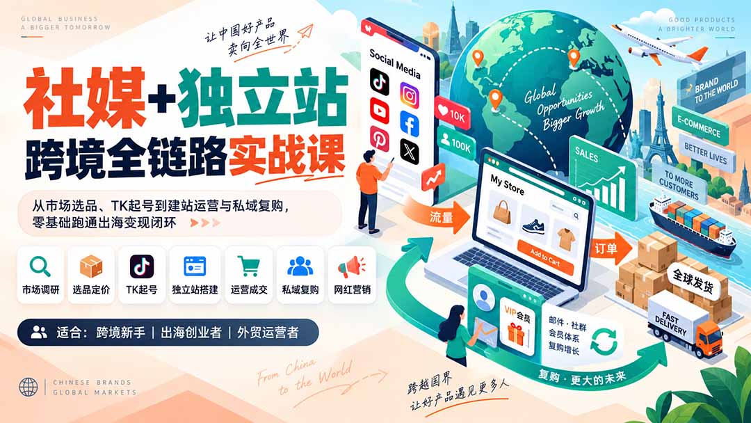 社媒+独立站跨境全链路实战课：从市场选品、TK起号到建站运营与私域复购，零基础跑通出海变现闭环-御文网