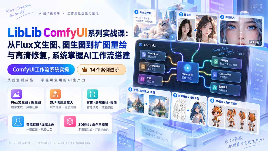 LibLib ComfyUI系列实战课:从Flux文生图、图生图到扩图重绘与高清修复,系统掌握AI工作流搭建-御文网