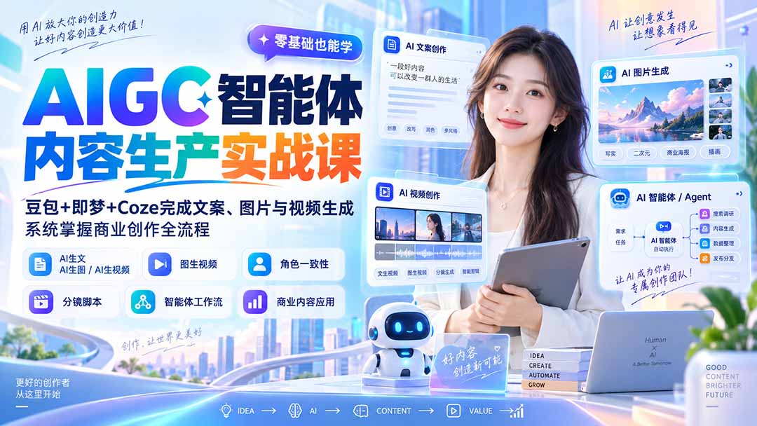 AIGC智能体内容生产实战课:豆包+即梦+Coze完成文案、图片与视频生成,系统掌握商业创作全流程-御文网