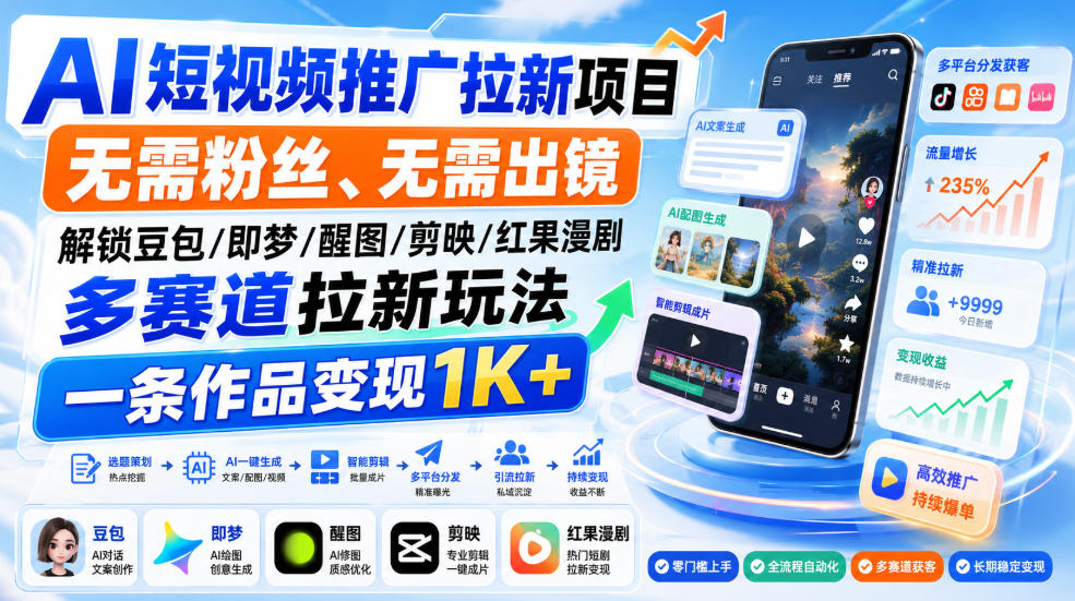 AI短视频推广拉新项目，无需粉丝、无需出镜，解锁豆包/即梦/醒图/剪映/红果漫剧多赛道拉新玩法，一条作品变现1K+(更新0910)-御文网