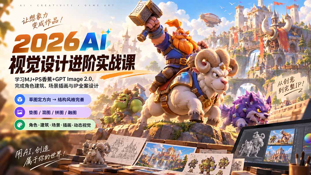 2026AI视觉设计进阶实战课-更新：学习MJ+PS香蕉+GPT Image 2.0，完成角色建筑、场景插画与IP全案设计-御文网