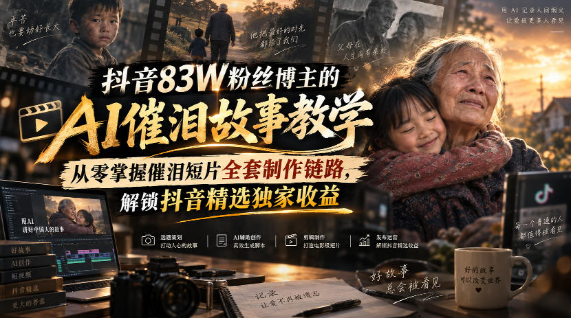 抖音83W粉丝博主的AI催泪故事教学，从零掌握催泪短片全套制作链路，解锁抖音精选独家收益-御文网