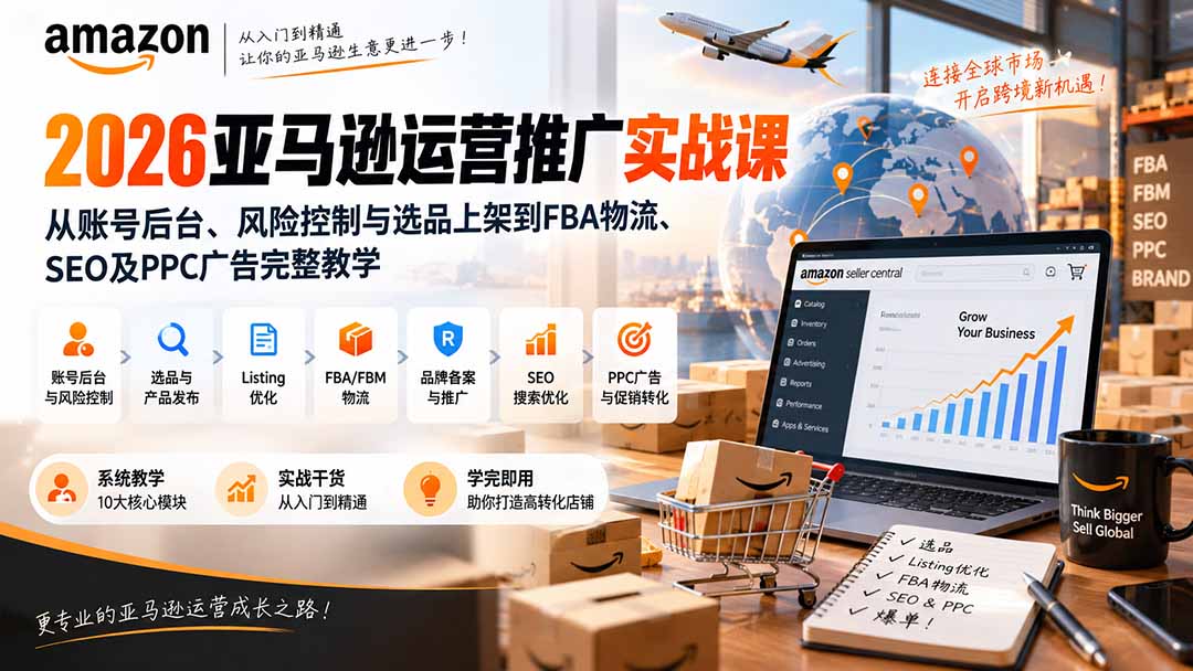 2026亚马逊运营推广实战课:从账号后台、风险控制与选品上架到FBA物流、SEO及PPC广告完整教学-御文网