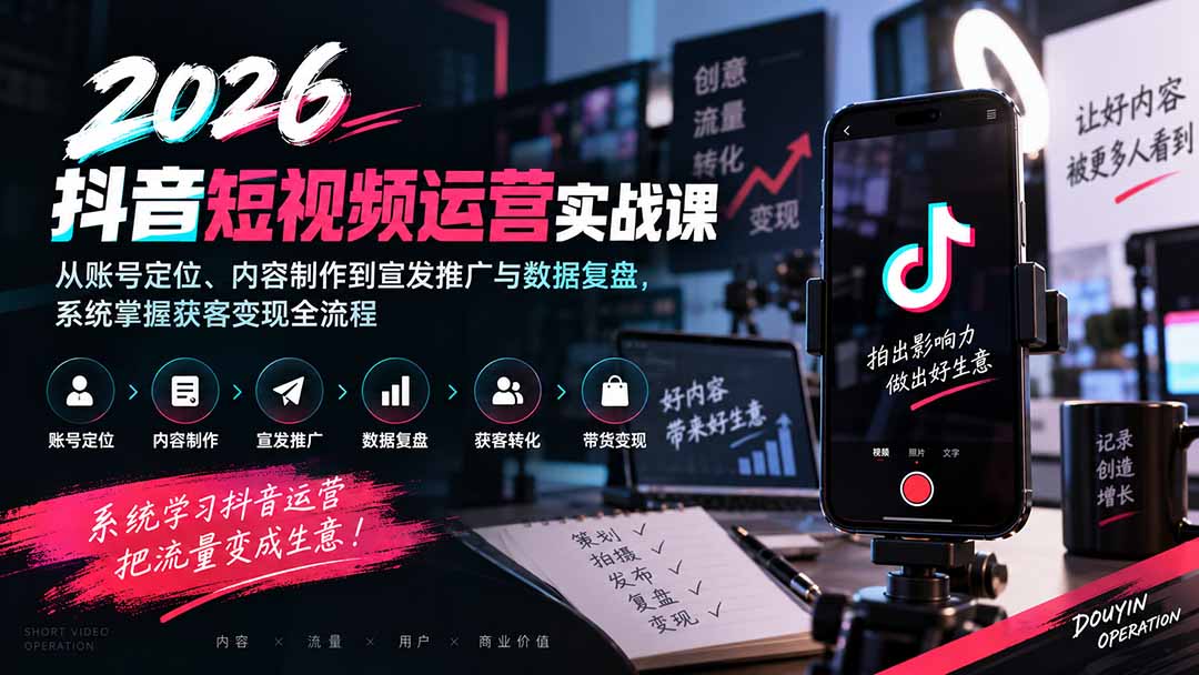 2026抖音短视频运营实战课:从账号定位、内容制作到宣发推广与数据复盘,系统掌握获客变现全流程-御文网