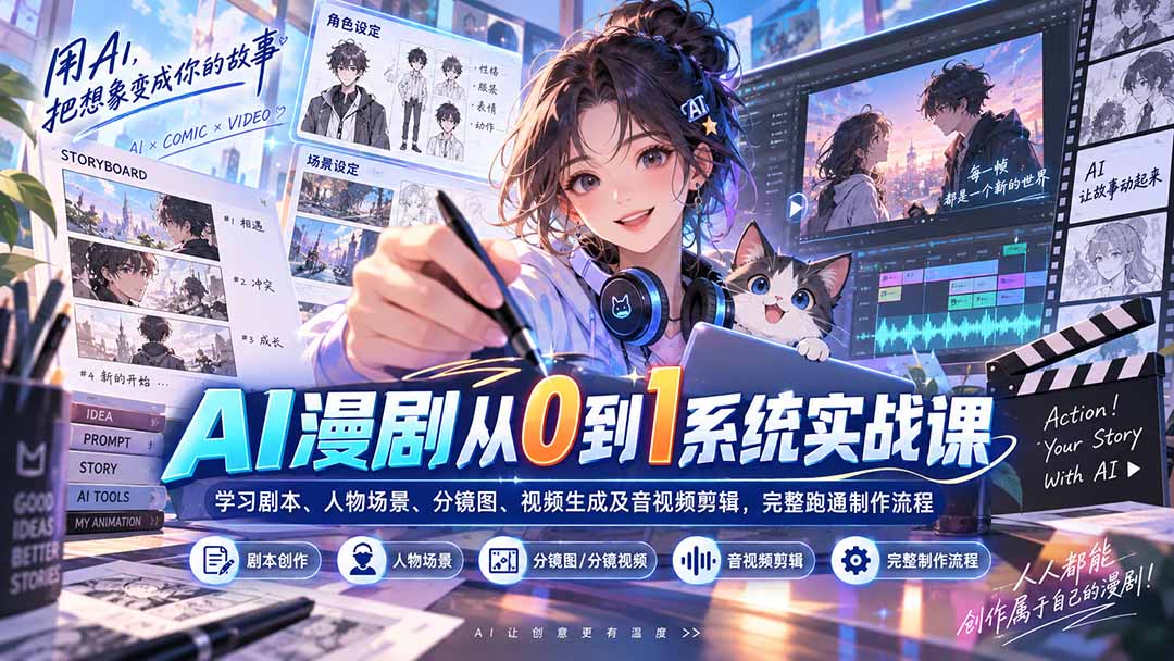 AI漫剧从0到1系统实战课：学习剧本、人物场景、分镜图、视频生成及音视频剪辑，完整跑通制作流程-御文网
