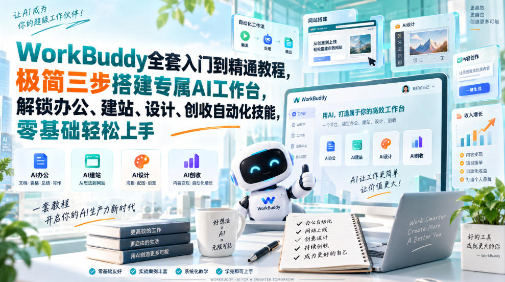 WorkBuddy全套入门到精通教程,极简三步搭建专属AI工作台,解锁办公、建站、设计、创收自动化技能,零基础轻松上手-御文网