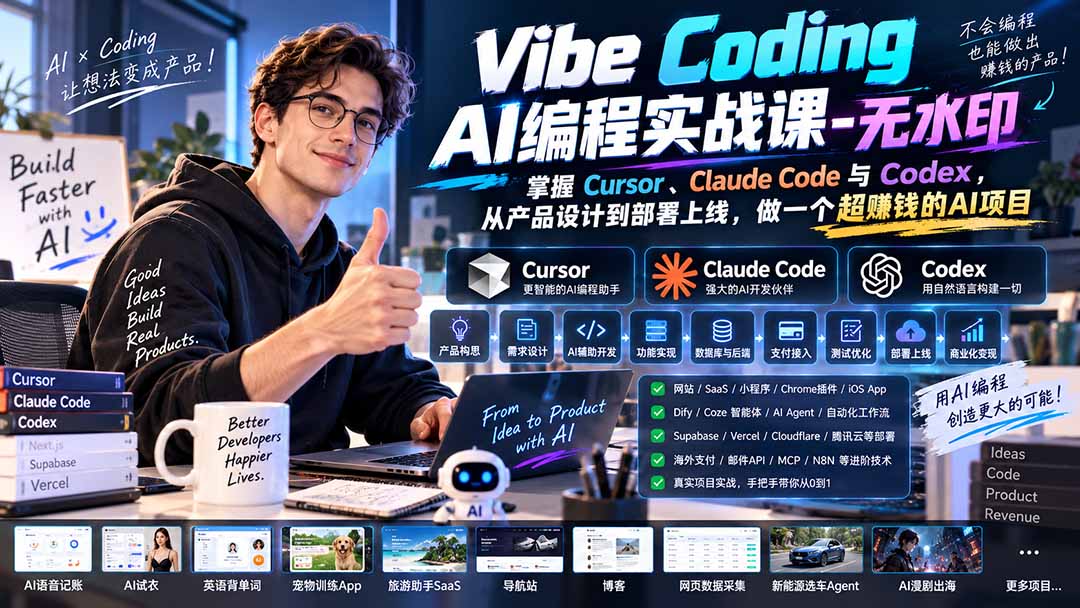 Vibe Coding AI编程实战课-无水印：掌握Cursor、Claude Code与Codex，从产品设计到部署上线，做一个超赚钱的AI项目-御文网