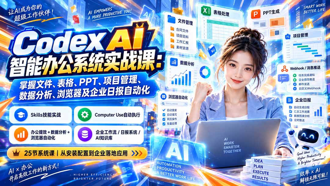 Codex AI智能办公系统实战课：掌握文件、表格、PPT、项目管理、数据分析、浏览器及企业日报自动化-御文网