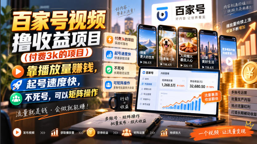 百家号视频撸收益项目(付费3k的项目),靠播放量賺钱,起号速度快,不死号,可以矩阵操作-御文网