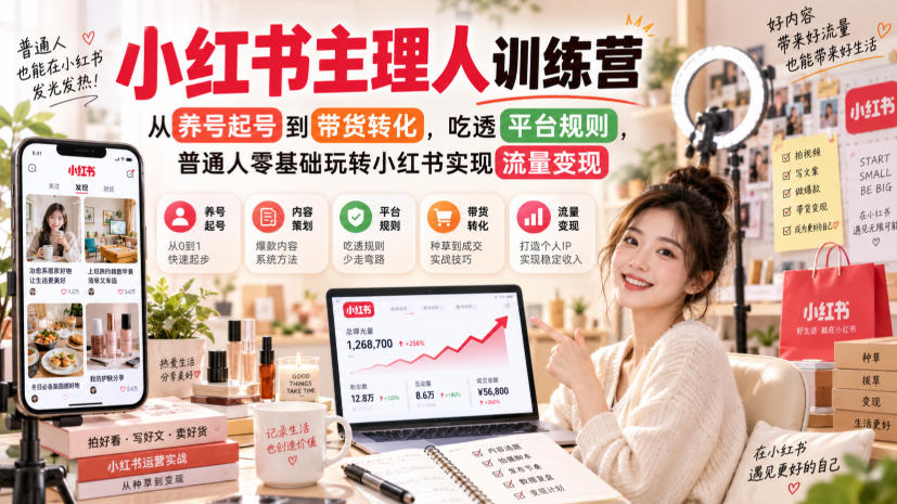 小红书主理人训练营,从养号起号到带货转化,吃透平台规则,普通人零基础玩转小红书实现流量变现-御文网