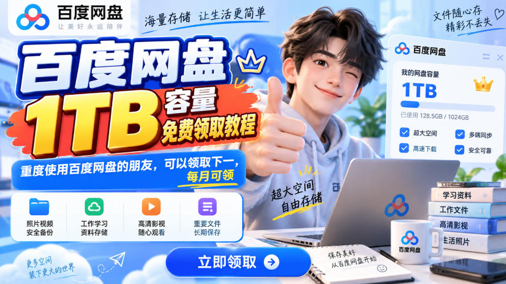 百度网盘1TB容量免费领取教程,重度使用百度网盘的朋友,可以领取下一,每月可领-御文网