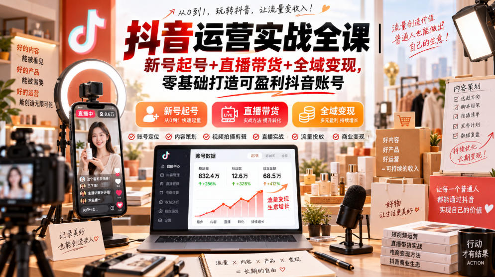 抖音运营实战全课｜新号起号+直播带货+全域变现，零基础打造可盈利抖音账号-御文网