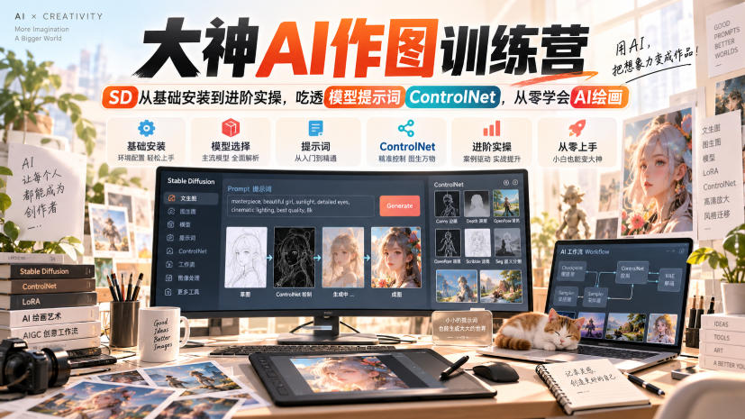 大神AI作图训练营,SD从基础安装到进阶实操,吃透模型提示词ControlNet,从零学会AI绘画-御文网