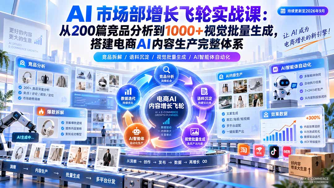 AI 市场部增长飞轮实战课：从200篇竞品分析到1000+视觉批量生成，搭建电商AI内容生产完整体系-御文网