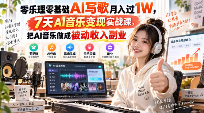 零乐理零基础AI写歌月入过1W，7天AI音乐变现实战课，把AI音乐做成被动收入副业-御文网
