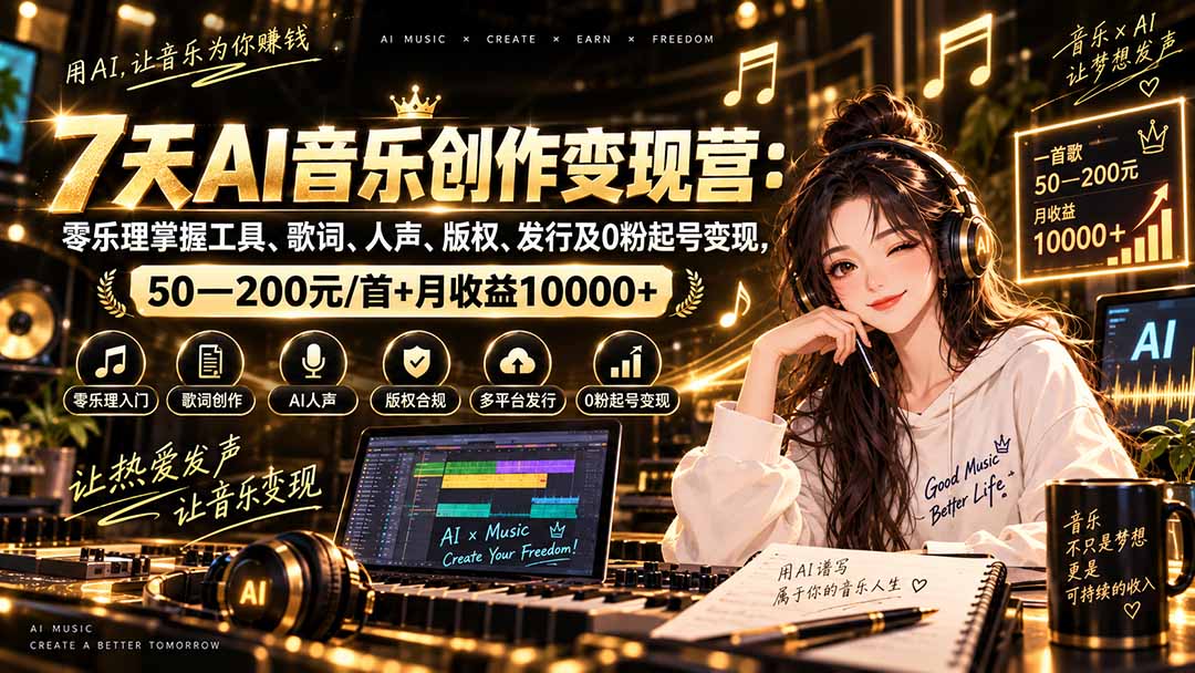 AI音乐创作变现营：零乐理掌握工具、歌词、人声、版权、发行及0粉起号变现，50—200元/首+月收益10000+-御文网