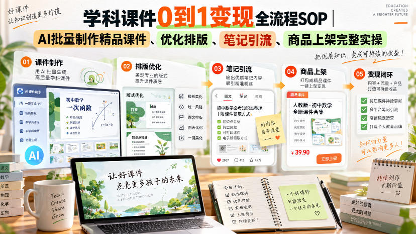 学科课件0到1变现全流程SOP｜AI批量制作精品课件、优化排版、笔记引流、商品上架完整实操​-御文网