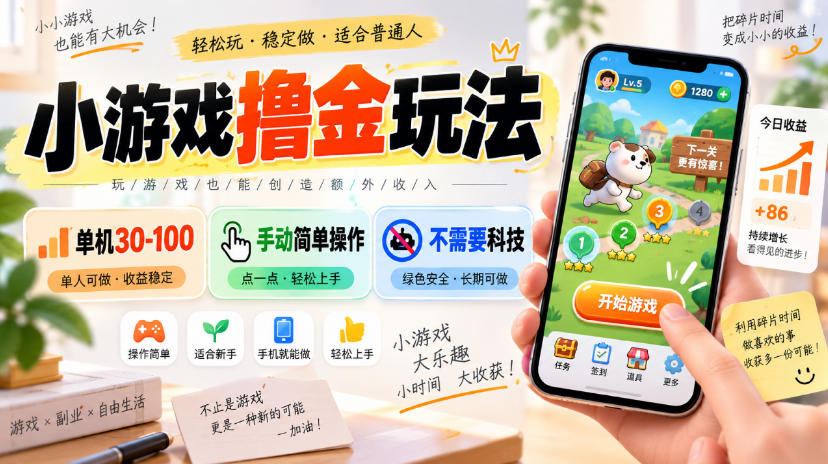 小游戏撸金玩法，单机30-100，手动简单操作，不需要科技-御文网