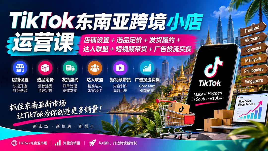TikTok东南亚跨境小店运营课：店铺设置+选品定价+发货履约+达人联盟+短视频带货+广告投流实操-御文网