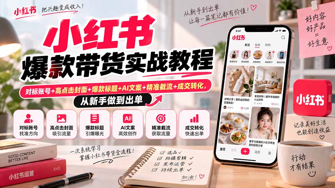 小红书爆款带货实战教程|对标账号+高点击封面+爆款标题+AI文案+精准截流+成交转化,从新手做到出单-御文网