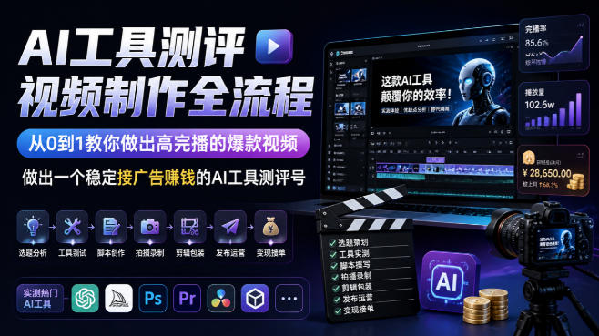 AI工具测评视频制作全流程，从0到1教你做出高完播的爆款视频，做出一个稳定接广告賺钱的AI工具测评号-御文网